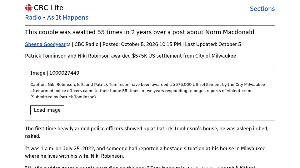Screenshot of cbc.ca: Couple was swatted 55 times in 2 years over a post about Norm Macdonald