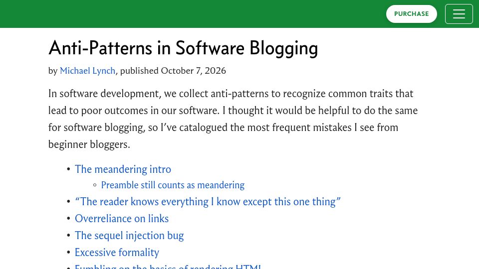 Screenshot of refactoringenglish.com: Anti-patterns in software blogging
