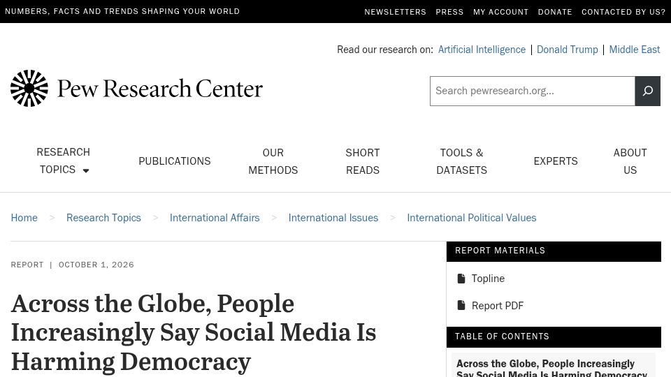 Screenshot of pewresearch.org: Across the Globe, People Increasingly Say Social Media Is Harming Democracy