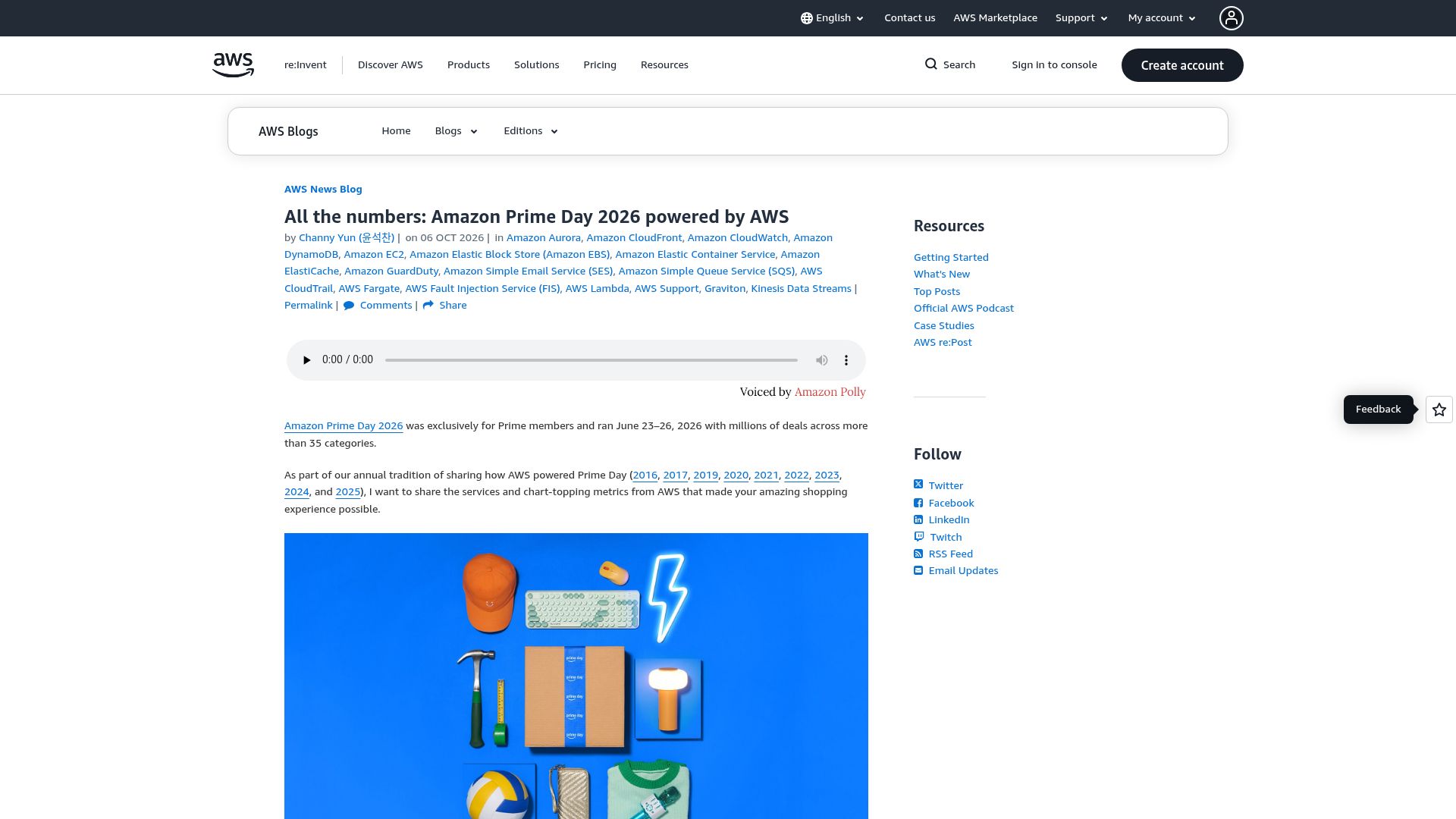 Screenshot of aws.amazon.com: All the numbers: Amazon Prime Day 2026 powered by AWS