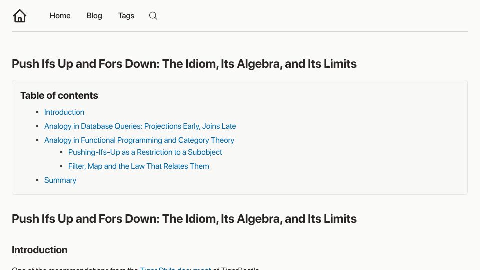 Screenshot of debasishg.github.io: Push ifs up and fors down: The idiom, its algebra, and its limits