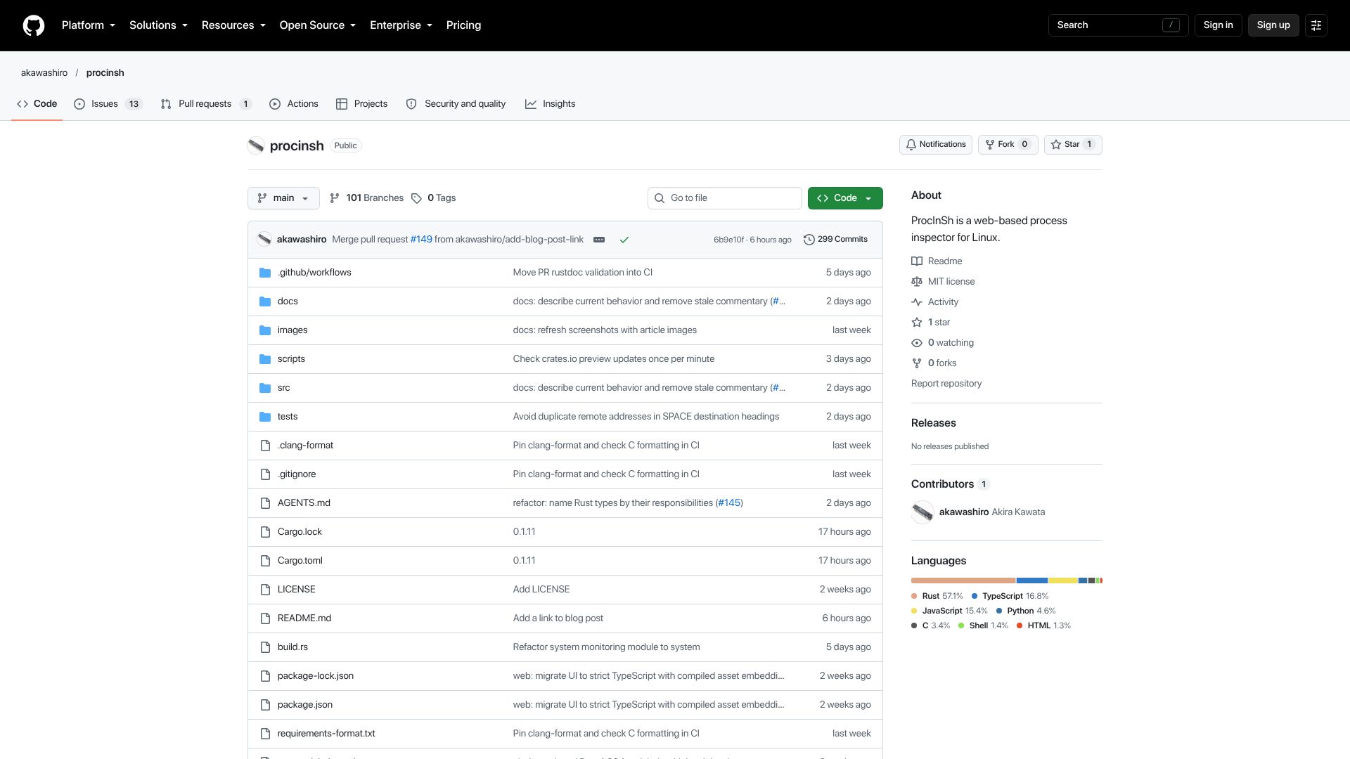 Screenshot of github.com: Show HN: Procinsh – A 3D Linux process inspector