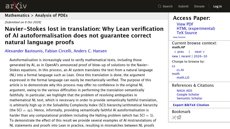 Screenshot of arxiv.org: Navier–Stokes Lost in Translation