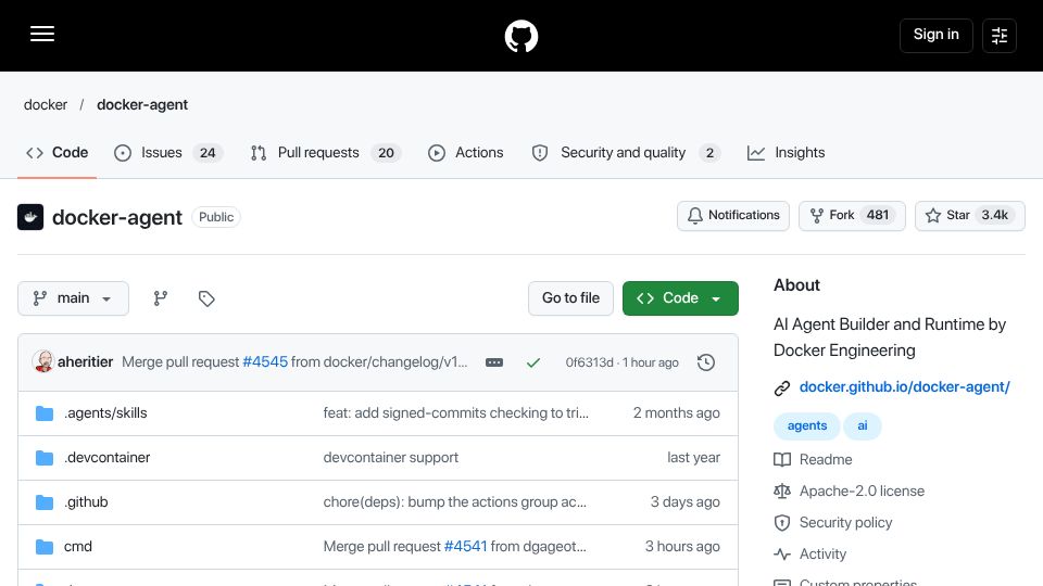 Screenshot of github.com: Docker Agent