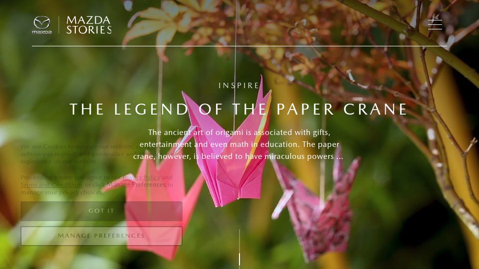 Screenshot of mazdastories.com: The Legend of the Paper Crane