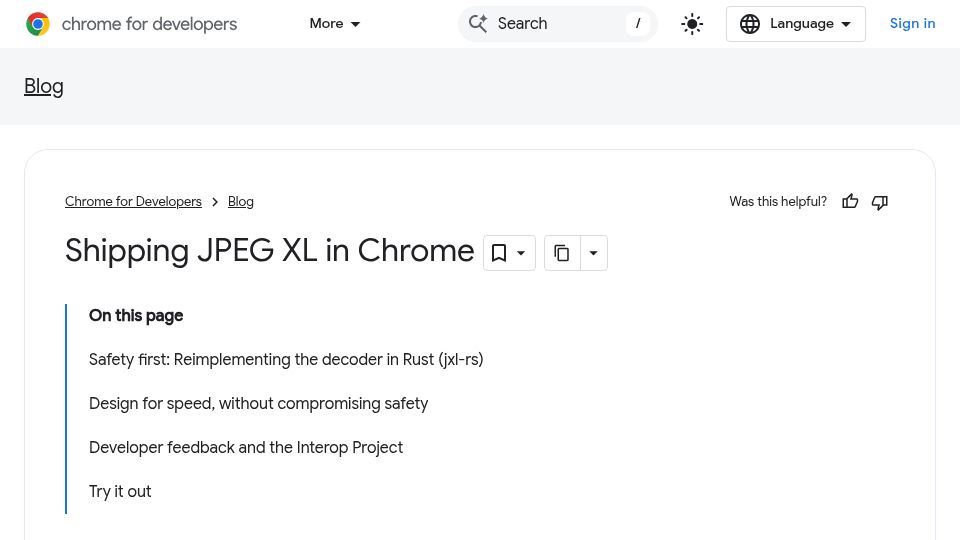 Screenshot of developer.chrome.com: Shipping JPEG XL in Chrome