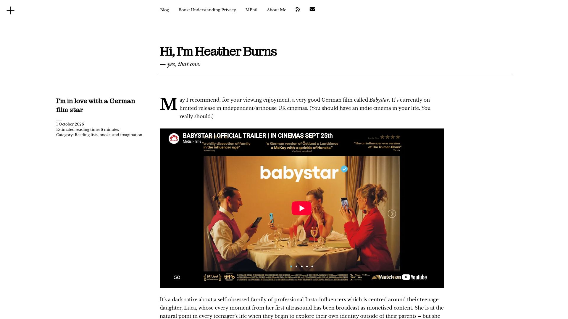 Screenshot of heatherburns.tech: I'm in love with a German film star