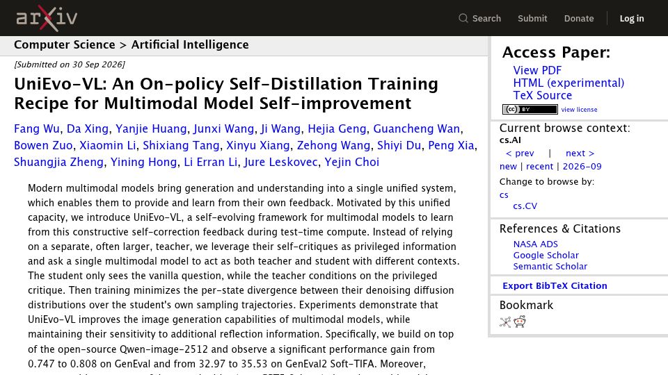 Screenshot of arxiv.org: UniEvo-VL: Self-Distillation Training for Multimodal Model Self-Improvement