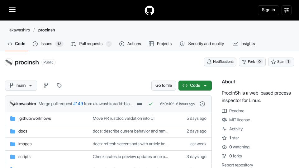 Screenshot of github.com: Show HN: Procinsh – A 3D Linux process inspector