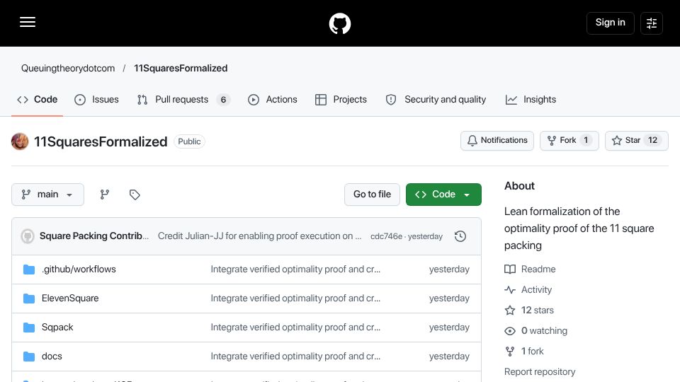 Screenshot of github.com: AI-assisted proof of optimal packing for 11 squares