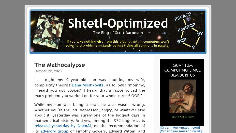 Screenshot of scottaaronson.blog: The Mathocalypse