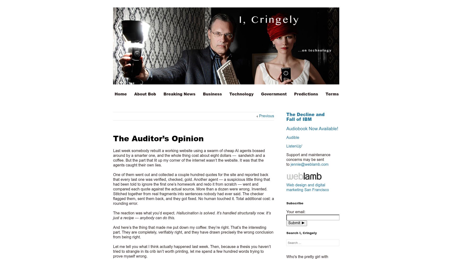 Screenshot of cringely.com: The Auditor's Opinion