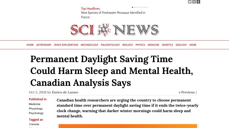 Screenshot of sci.news: Permanent Daylight Saving Time Could Harm Sleep and Mental Health, Analysis Says
