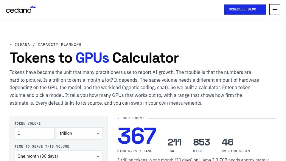 Screenshot of cedana.com: How many GPUs is 1M/B/T tokens?