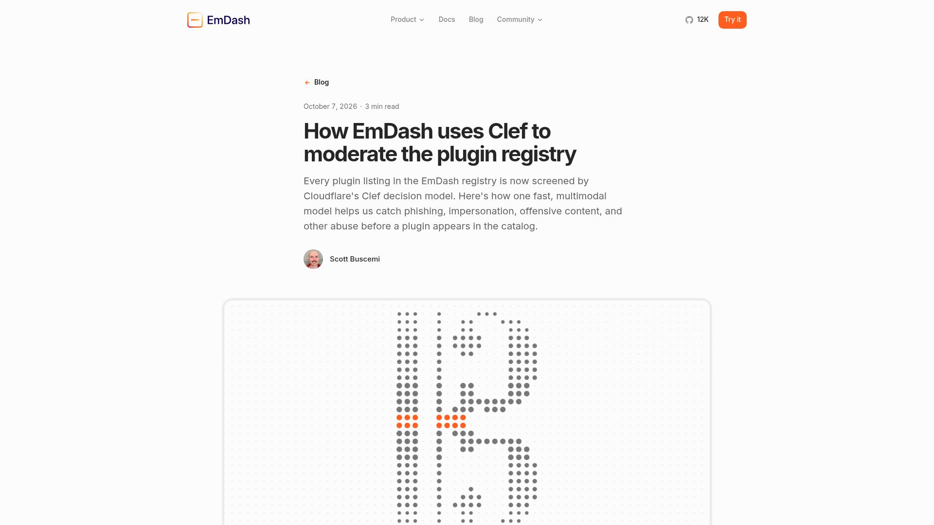 Screenshot of emdashcms.com: EmDash uses Clef to moderate the plugin registry