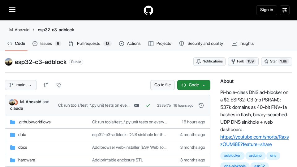 Screenshot of github.com: ESP32-C3 Adblock