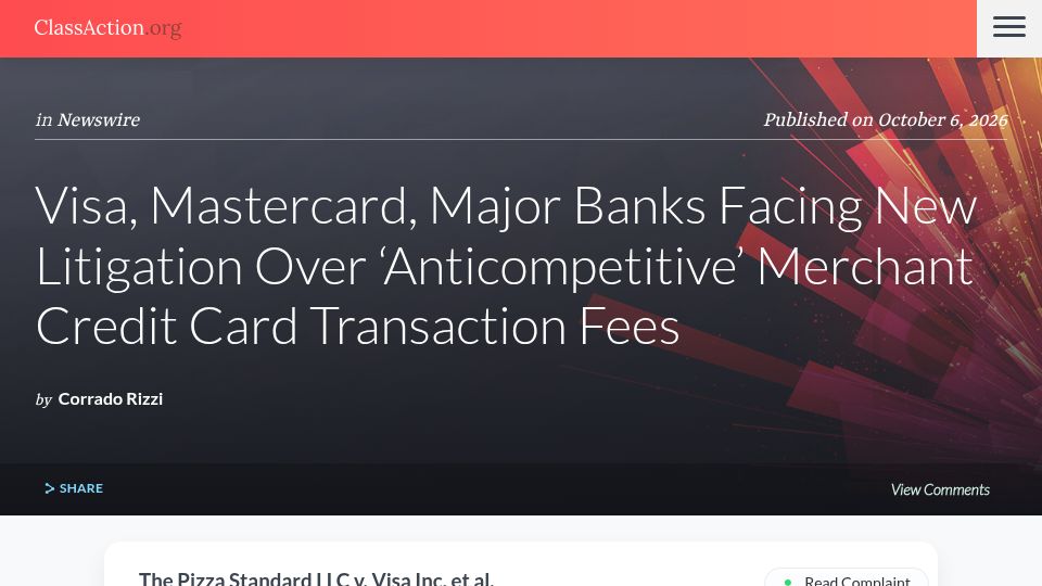 Screenshot of classaction.org: Visa, Mastercard, major banks facing new litigation over 'anticompetitive' fees