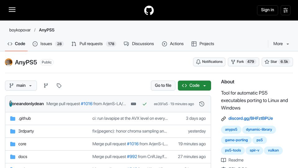 Screenshot of github.com: AnyPS5: Port PS5 binaries to PC without emulation (87% system libraries mapped)