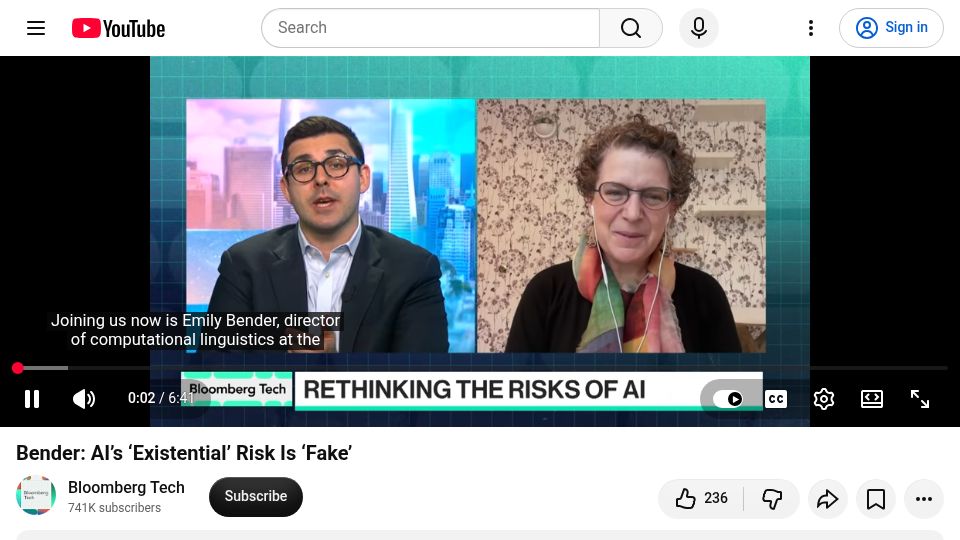 Screenshot of youtube.com: Bender: AI's 'Existential' Risk Is 'Fake' [video]