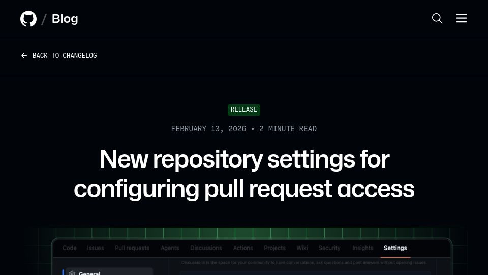 Screenshot of github.blog: New repository settings for configuring pull request access
