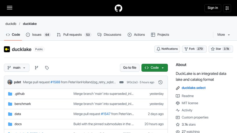 Screenshot of github.com: DuckDB Ducklake