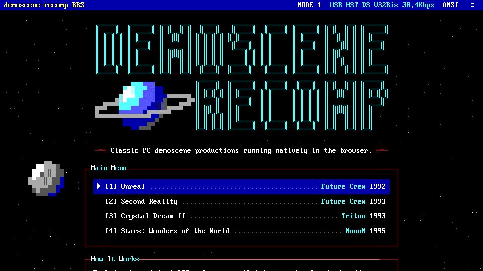 Screenshot of treylorswift.github.io: Classic PC demoscene productions running natively in the browser