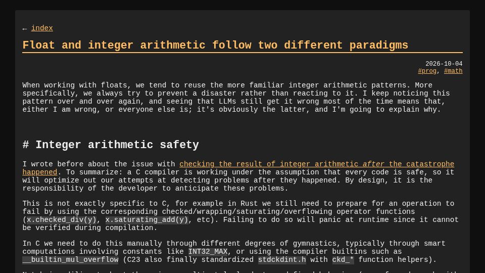 Screenshot of blog.pkh.me: Float and integer arithmetic follow two different paradigms