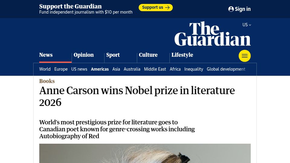 Screenshot of theguardian.com: Anne Carson wins Nobel Prize in literature 2026