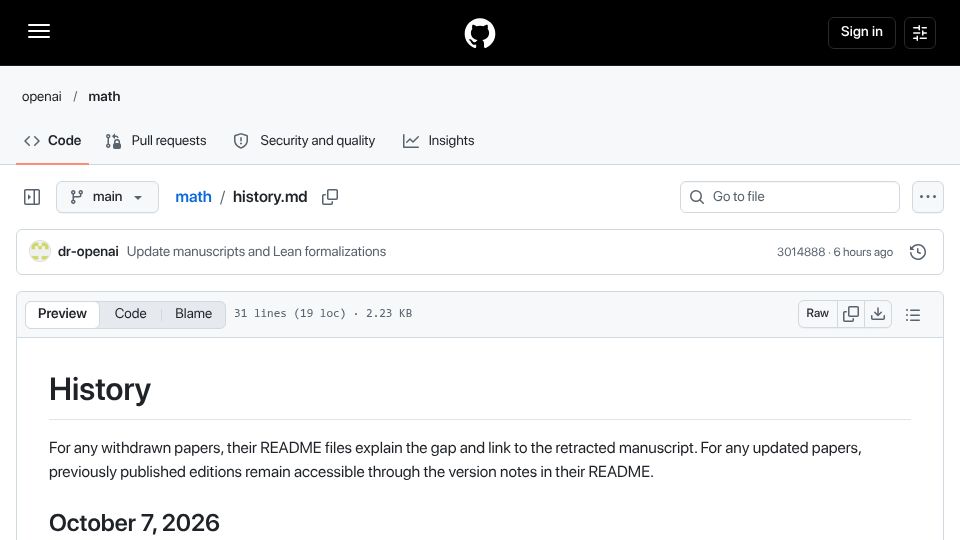 Screenshot of github.com: OpenAI Withdraws 3 Math Papers