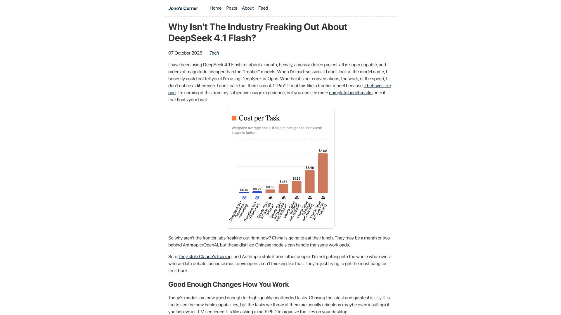 Screenshot of dgt.is: Why isn't the industry freaking out about DeepSeek 4.1 Flash?