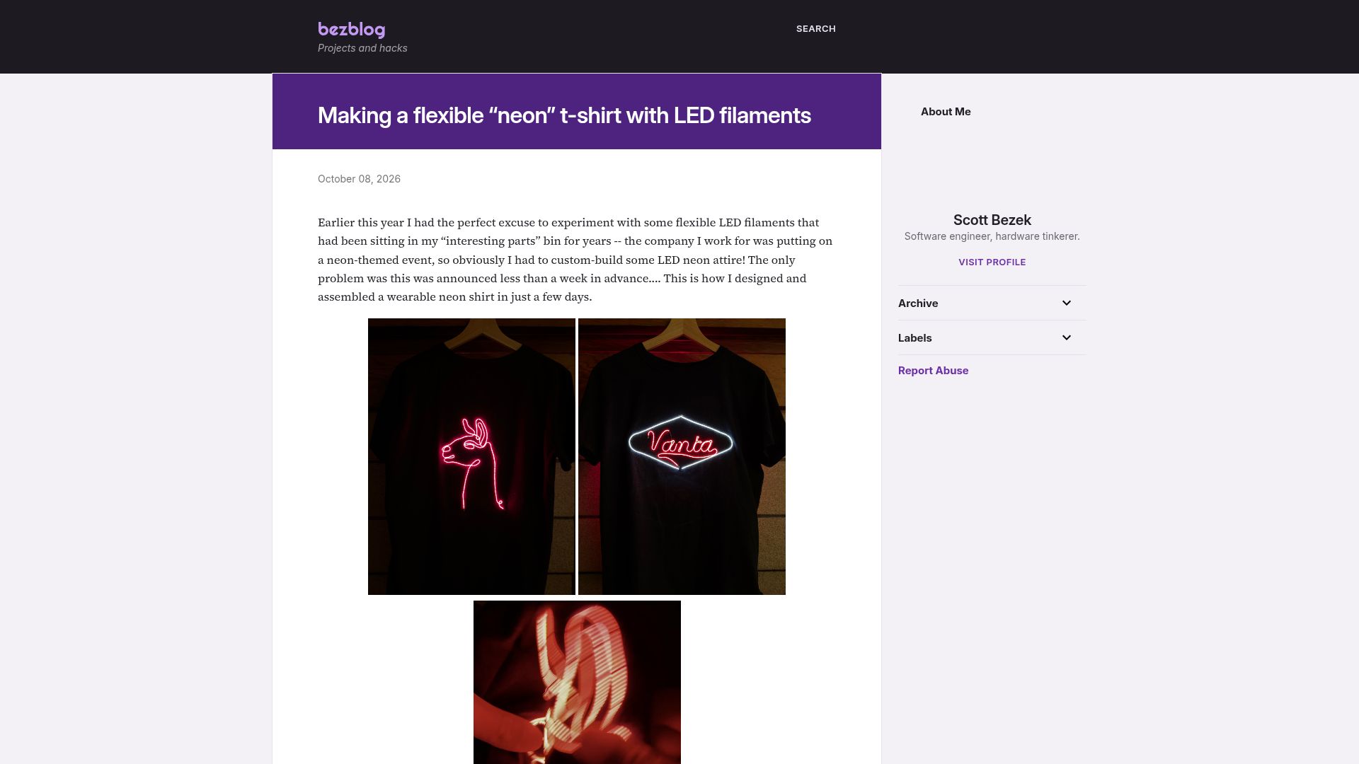 Screenshot of scottbezek.blogspot.com: Show HN: Making a flexible "neon" t-shirt with LED filaments