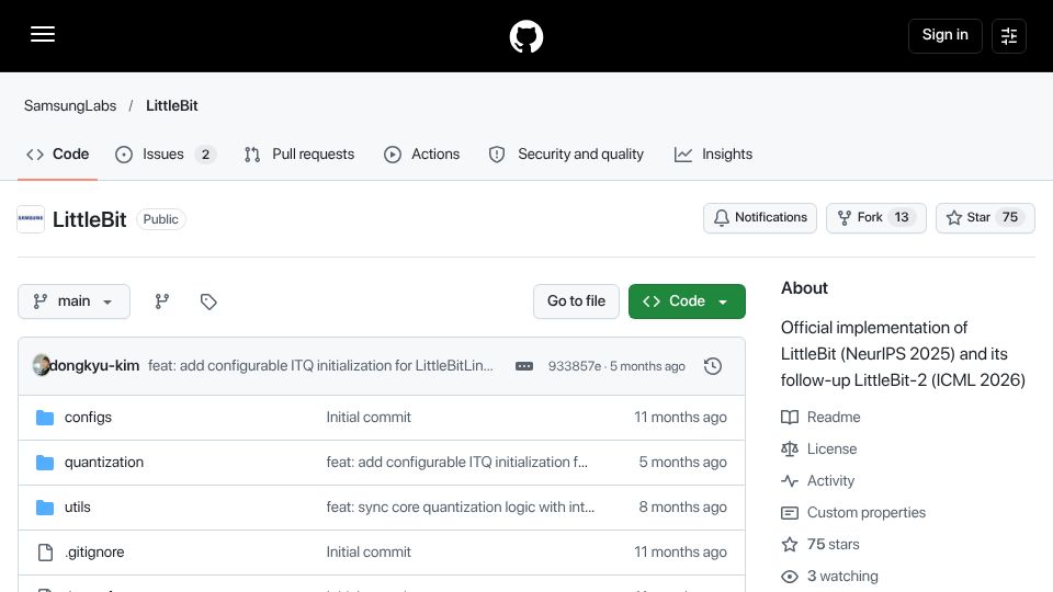 Screenshot of github.com: Sub-1-Bit LLM Compression via Latent Factorization