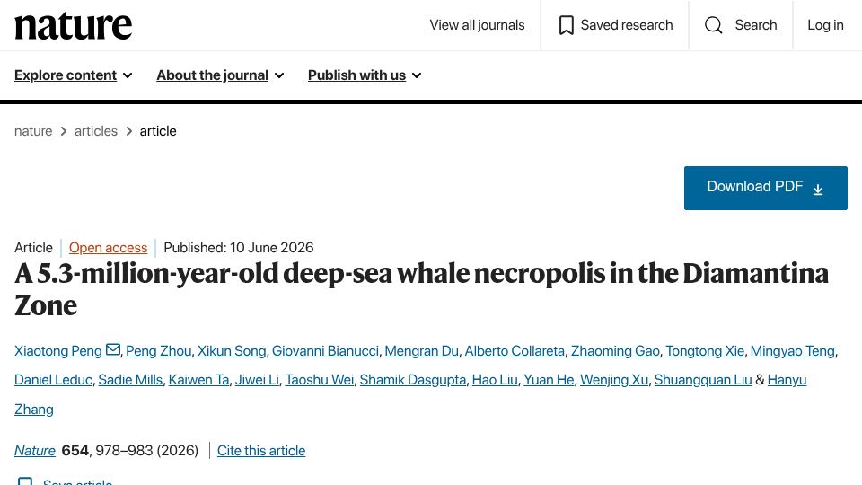Screenshot of nature.com: A 5.3M-year-old deep-sea whale necropolis in the Diamantina Zone