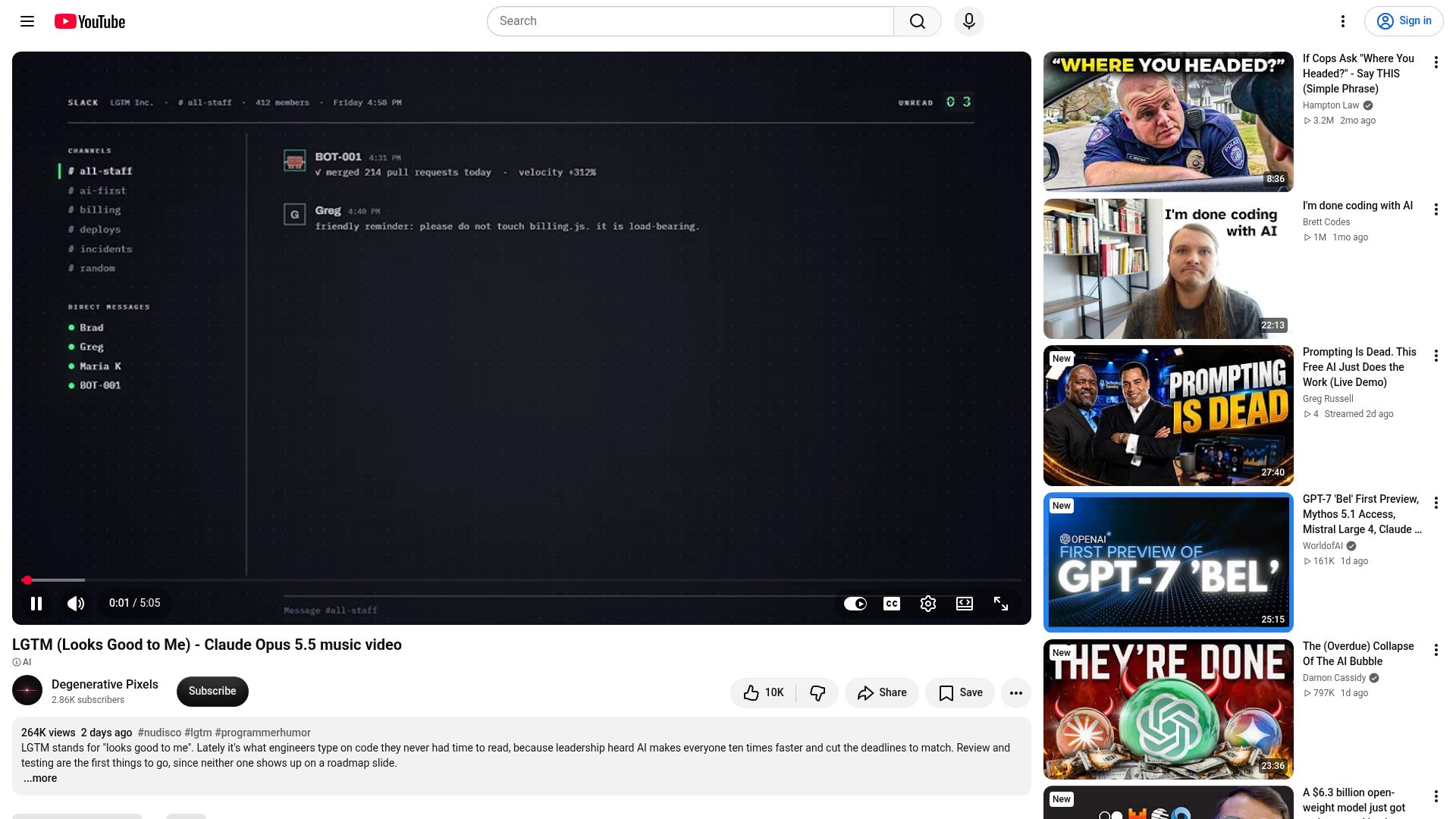 Screenshot of youtube.com: LGTM (Looks Good to Me) – Claude Opus 5.5 Music Video