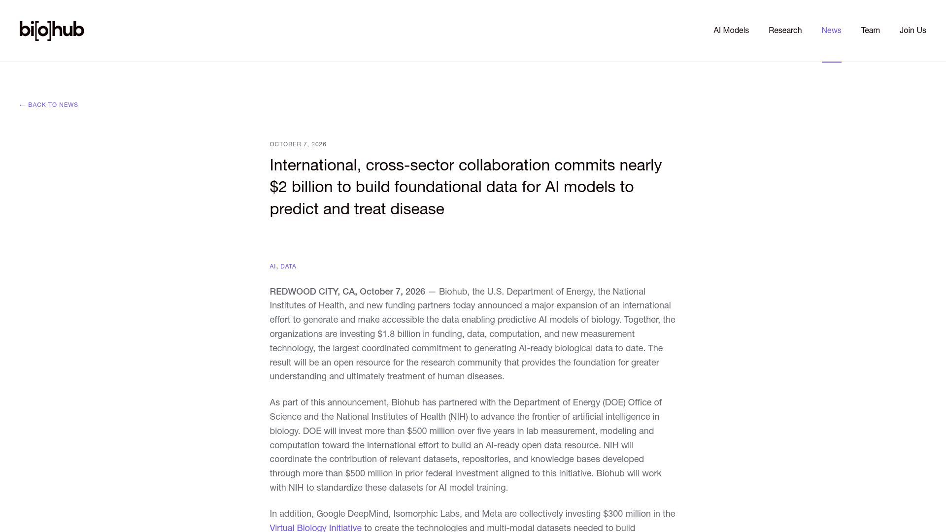 Screenshot of biohub.org: AI-ready biological data: $1.8B global commitment