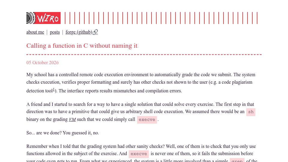 Screenshot of wiro.world: Calling a function in C without naming it