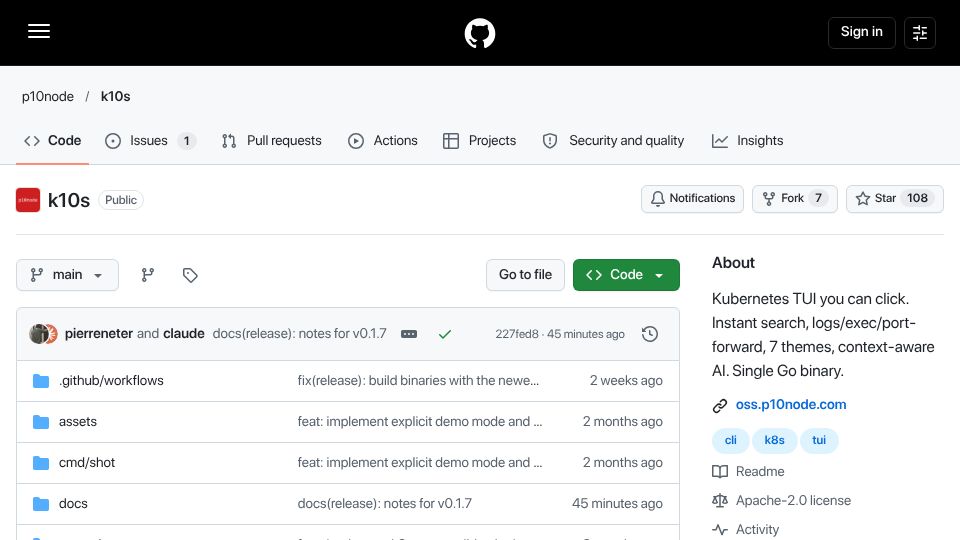 Screenshot of github.com: Show HN: K10s – A Clickable Kubernetes TUI (Go, Bubble Tea)
