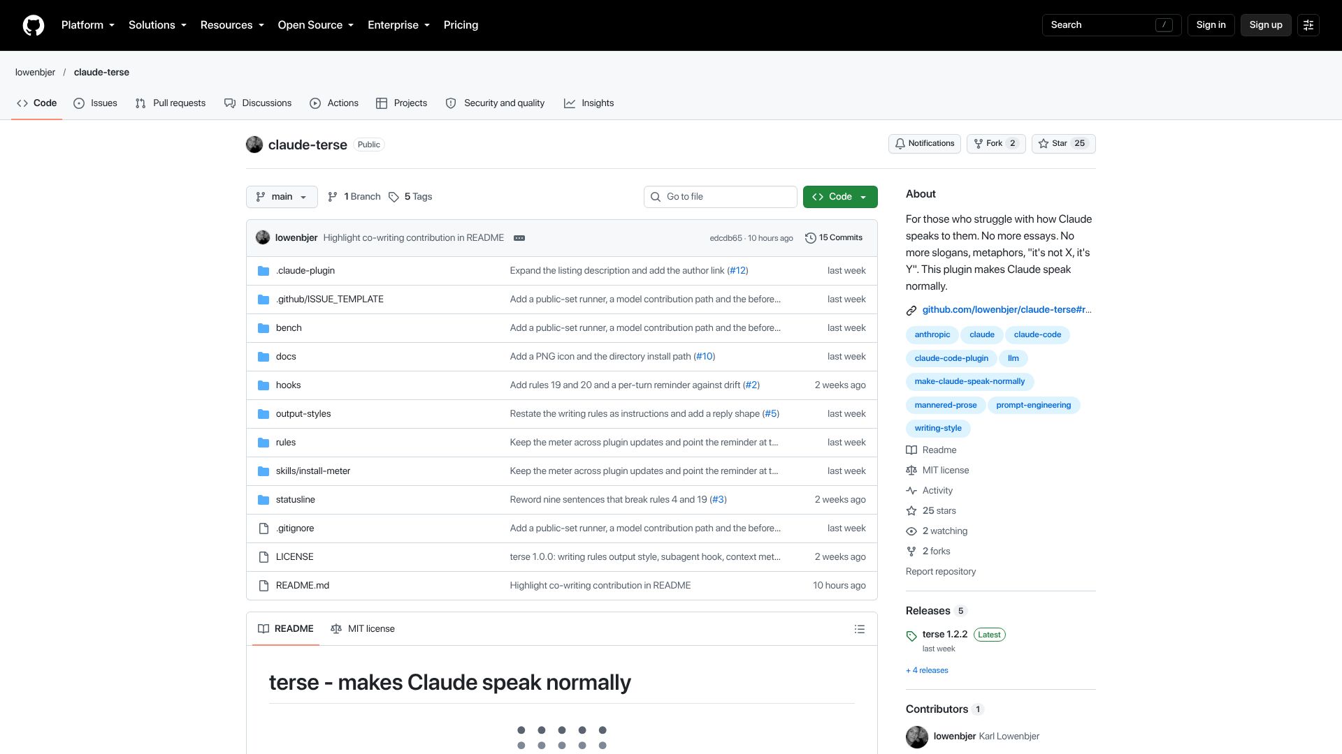 Screenshot of github.com: Show HN: Terse, a Claude Code plugin that halves reply length by cutting filler