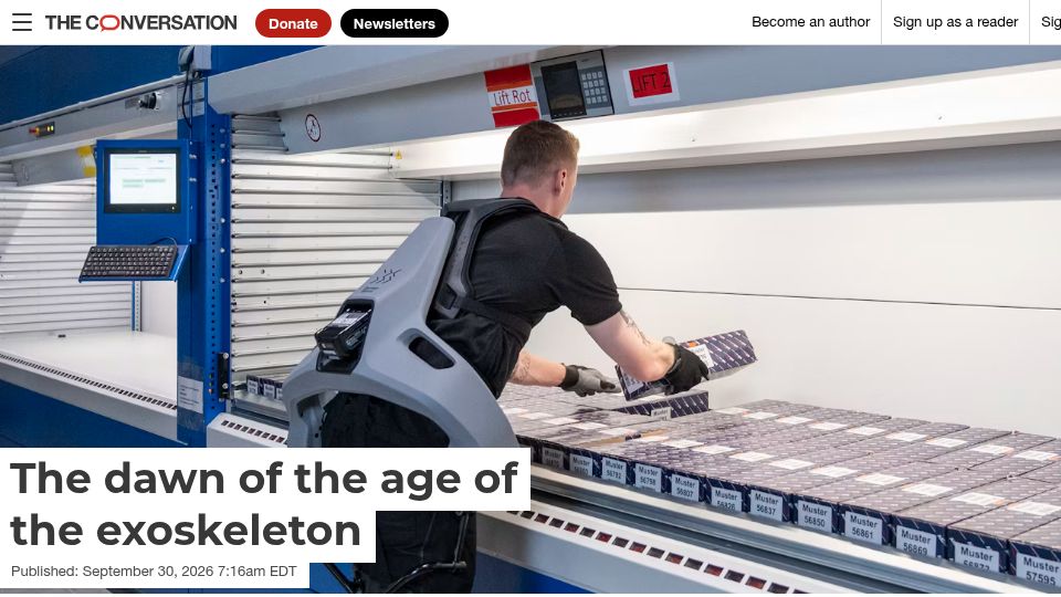 Screenshot of theconversation.com: The dawn of the age of the exoskeleton