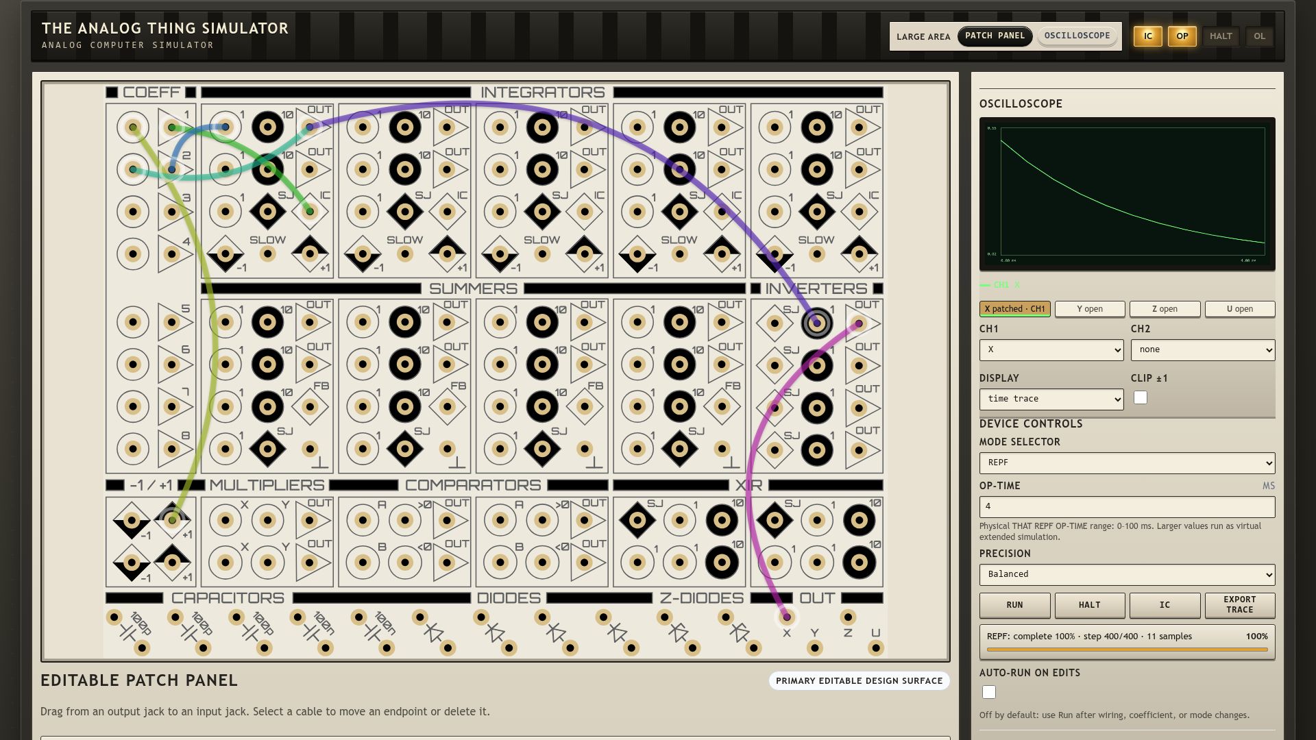 Screenshot of pavel-krivanek.github.io: Analog Computer Simulator in the Browser