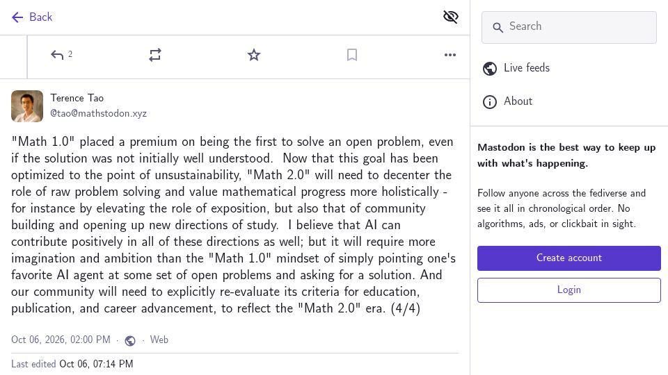 Screenshot of mathstodon.xyz: “Math 2.0” will need to value mathematical progress more holistically