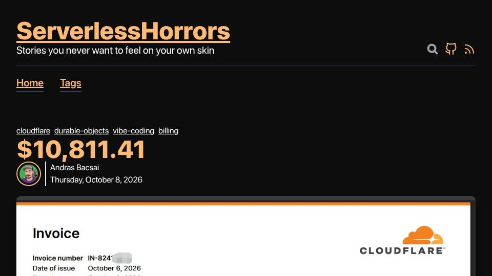 Screenshot of serverlesshorrors.com: Serverless Horrors $10,811.41