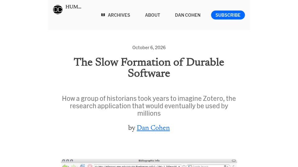 Screenshot of newsletter.dancohen.org: The Slow Formation of Durable Software
