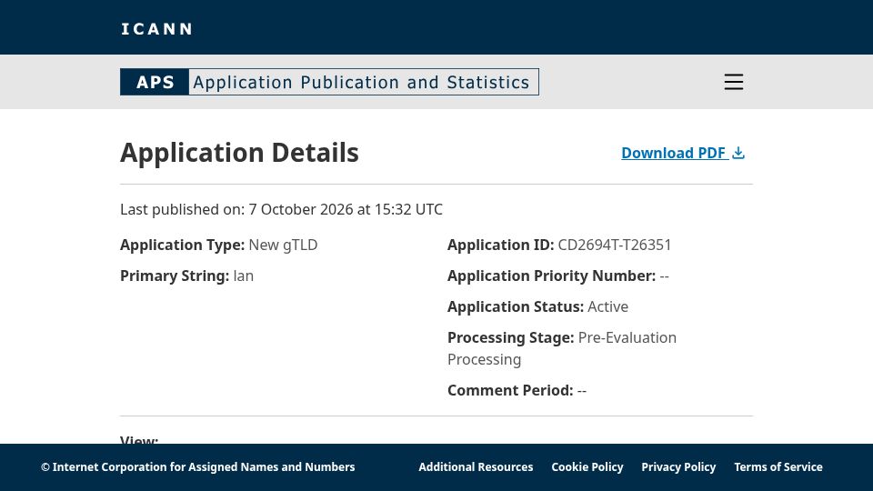 Screenshot of newgtldprogram-aps.icann.org: New gTLD Application for .lan