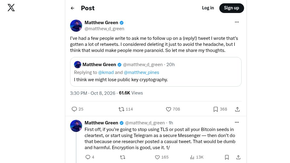 Screenshot of twitter.com: I think we might lose public key cryptography