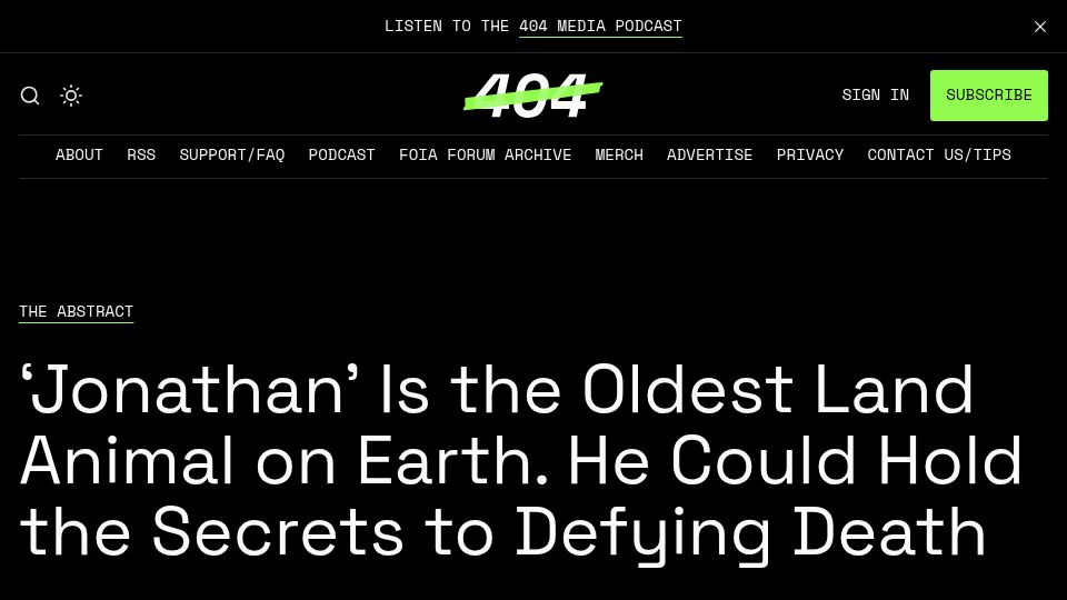 Screenshot of 404media.co: 'Jonathan' is the oldest land animal on Earth