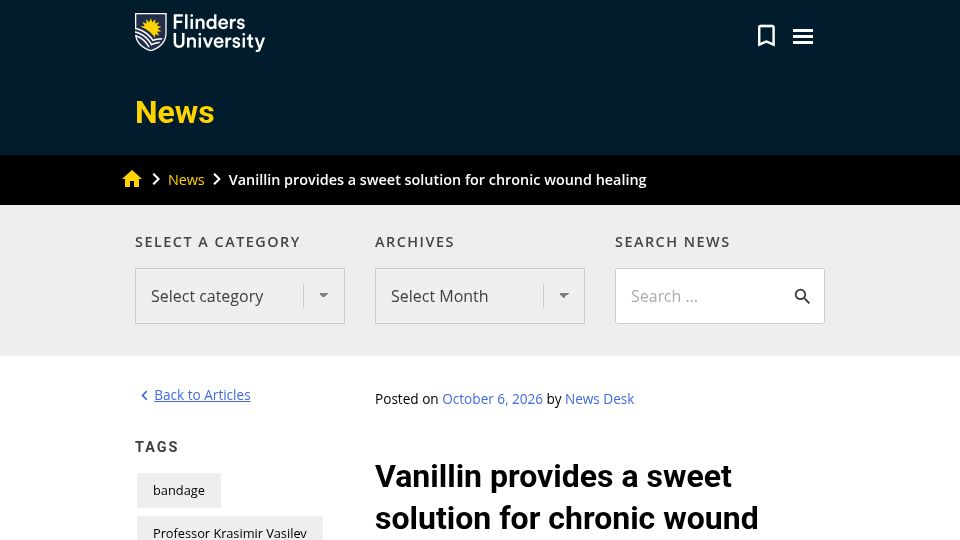 Screenshot of news.flinders.edu.au: Vanillin provides a sweet solution for chronic wound healing