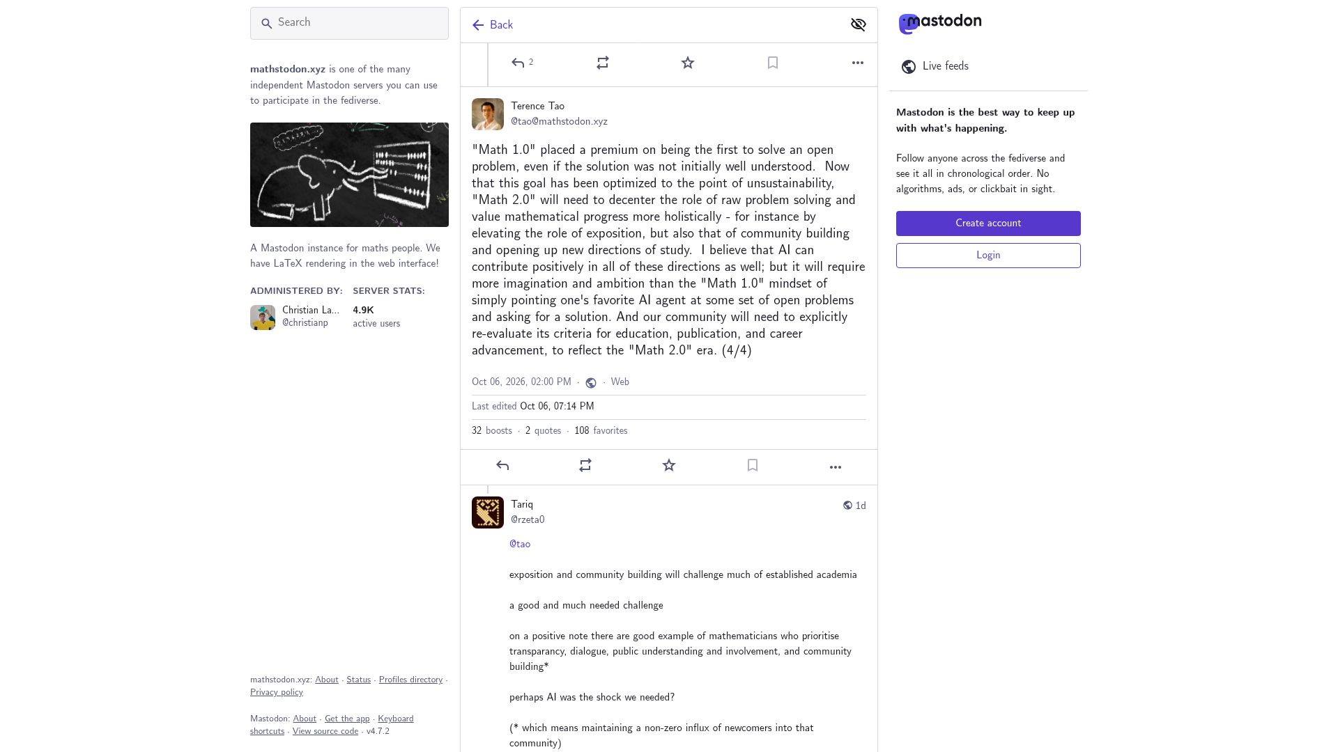 Screenshot of mathstodon.xyz: “Math 2.0” will need to value mathematical progress more holistically