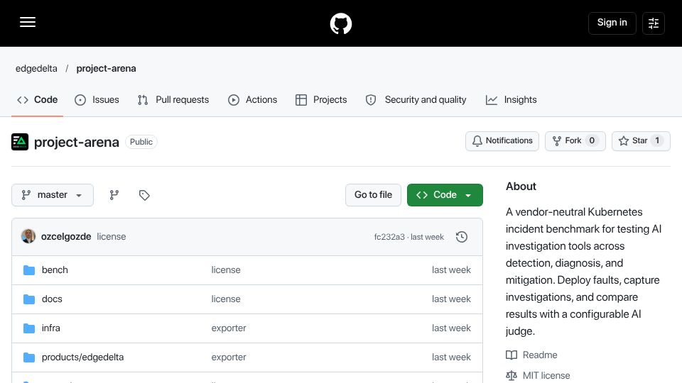 Screenshot of github.com: Show HN: AI SRE Arena, an Open Benchmark for AI SRE Agents on Kubernetes