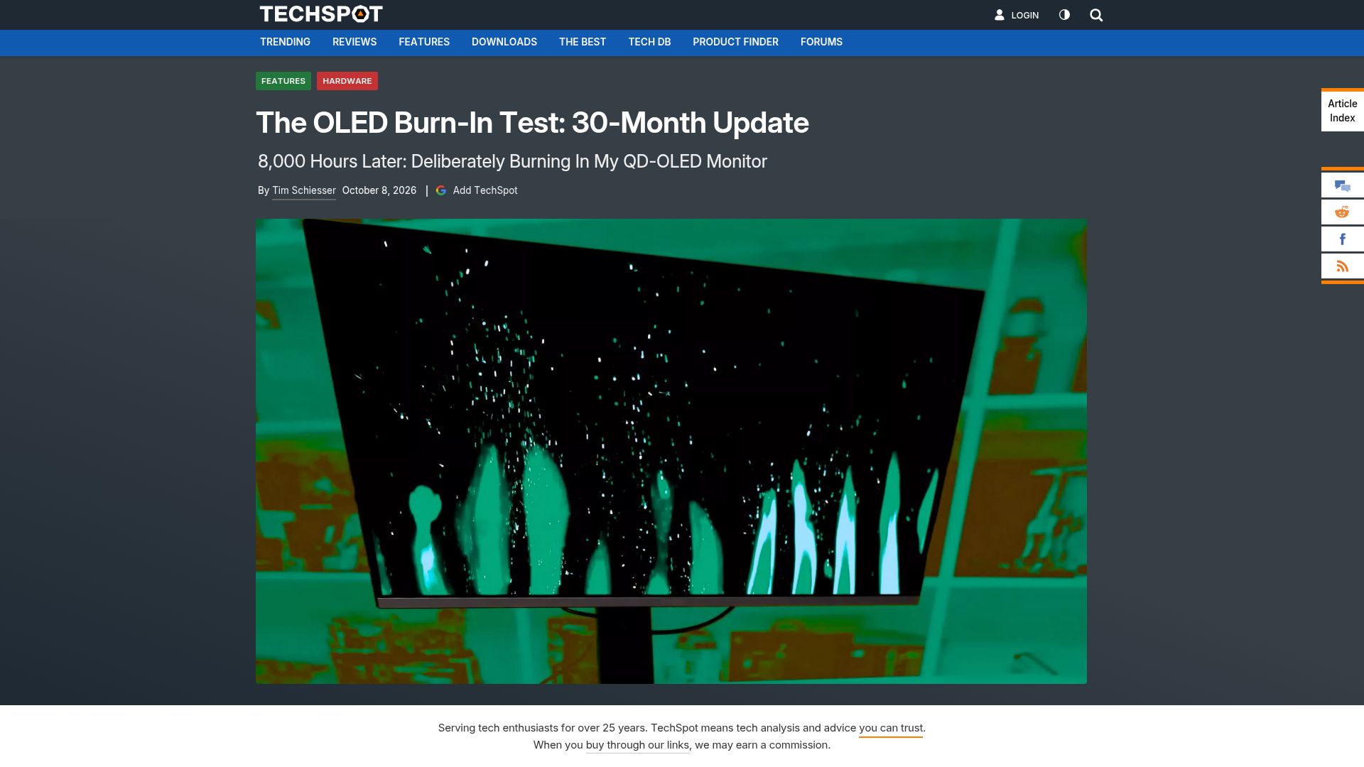 Screenshot of techspot.com: OLED burn-in test: 30-month update